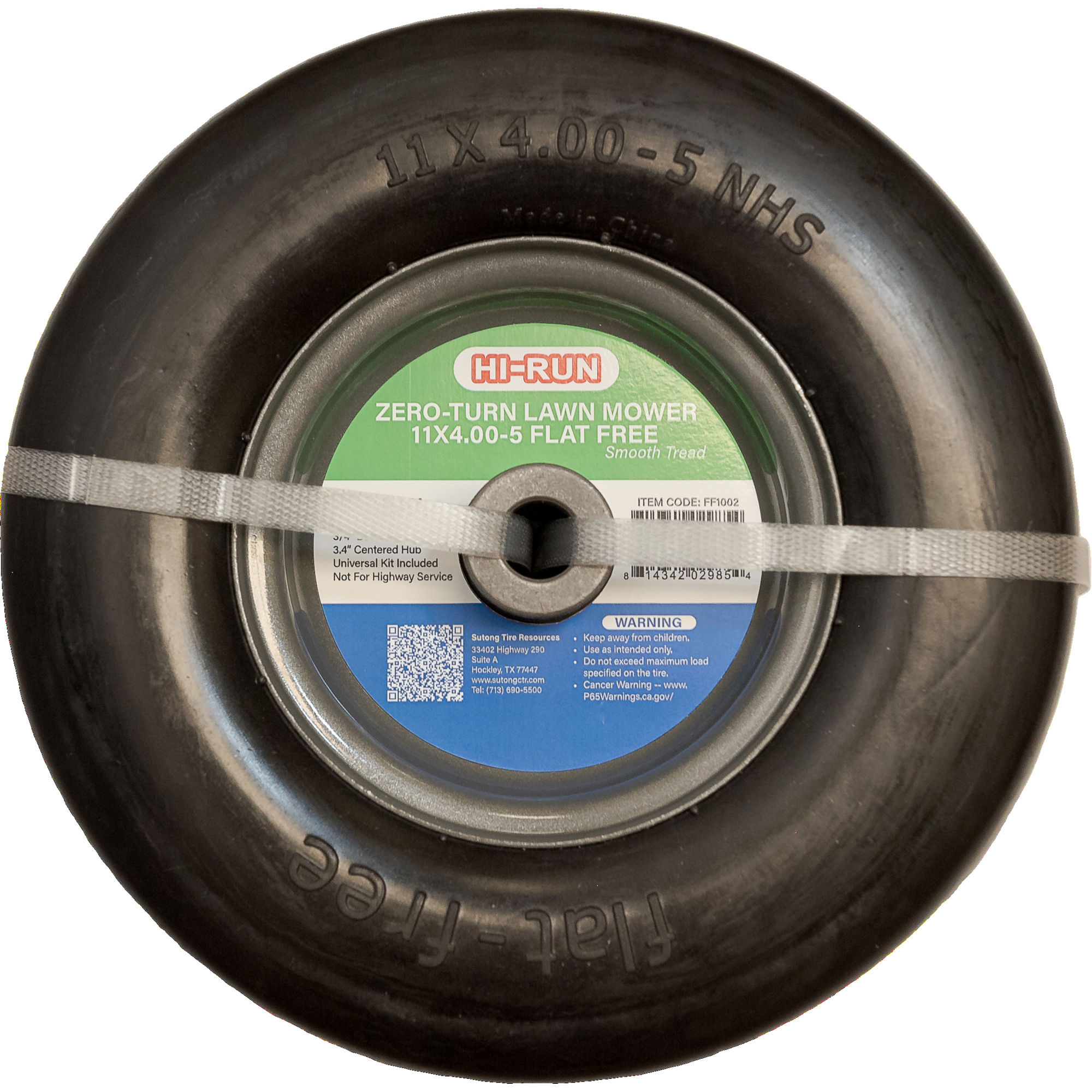 HI-RUN, Flat Free Tire/Wheel with Kits, Smooth, 3/4in. ID, Tire Size 11X4.00-5 Model# FF1002